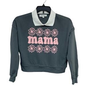 Upcycled Hand Printed Womens XS Mama Collared Long Sleeve Cropped Sweatshirt